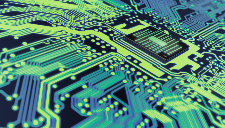 shown by a glowing microchip on blue and green circuit board patterns.