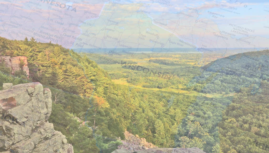 Map of Wisconsin underneath a landscape of trees and bluffs.|Electronics in a recycling bin in front of a map of the state of Wisconsin.