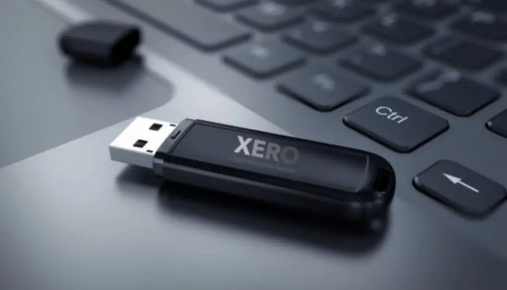 Dynamic Lifecycle Innovations Xero Flash Drive for data erasure and security.|Xero USB Drive|Dynamic Lifecycle Solutions XERO flash drive for data security and erasure laying on a laptop.
