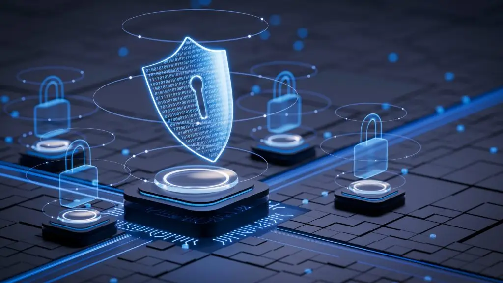 A glowing digital shield and padlocks highlight Dynamic Lifecycle Innovations’ secure data solutions in the technology industry.
