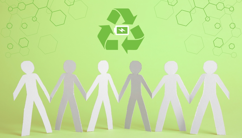 Community engagement illustration with connected paper cutouts and an e-recycling icon