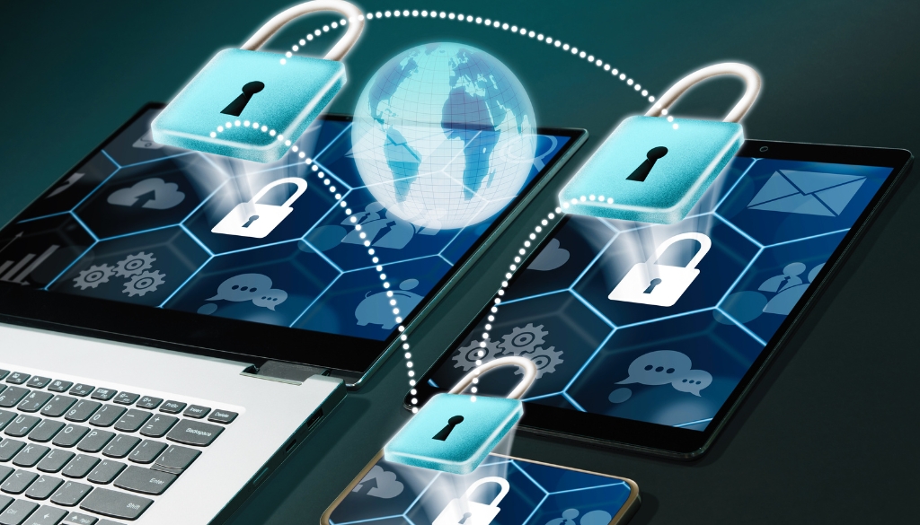 Data security graphic featuring a laptop, tablet, cellphone, and lock icons.