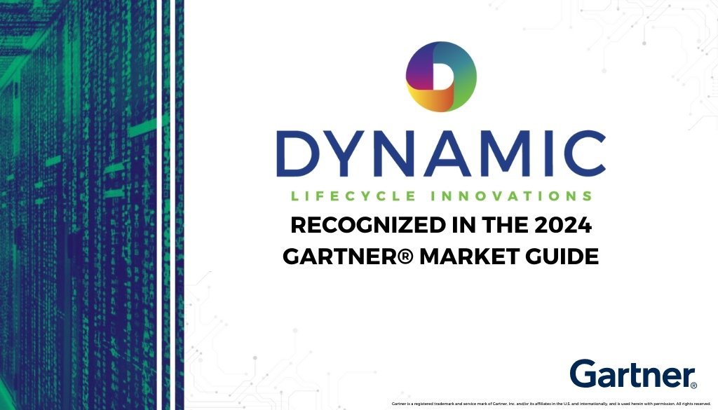 A graphic that includes the Dynamic Lifecycle Innovations logo with text: 'Recognized in the 2024 Gartner® Market Guide,' alongside a digital background featuring green data lines and the Gartner® logo at the bottom right.