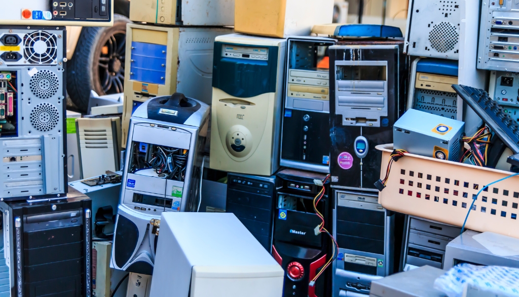 Old computers in an e-waste recycling facility.