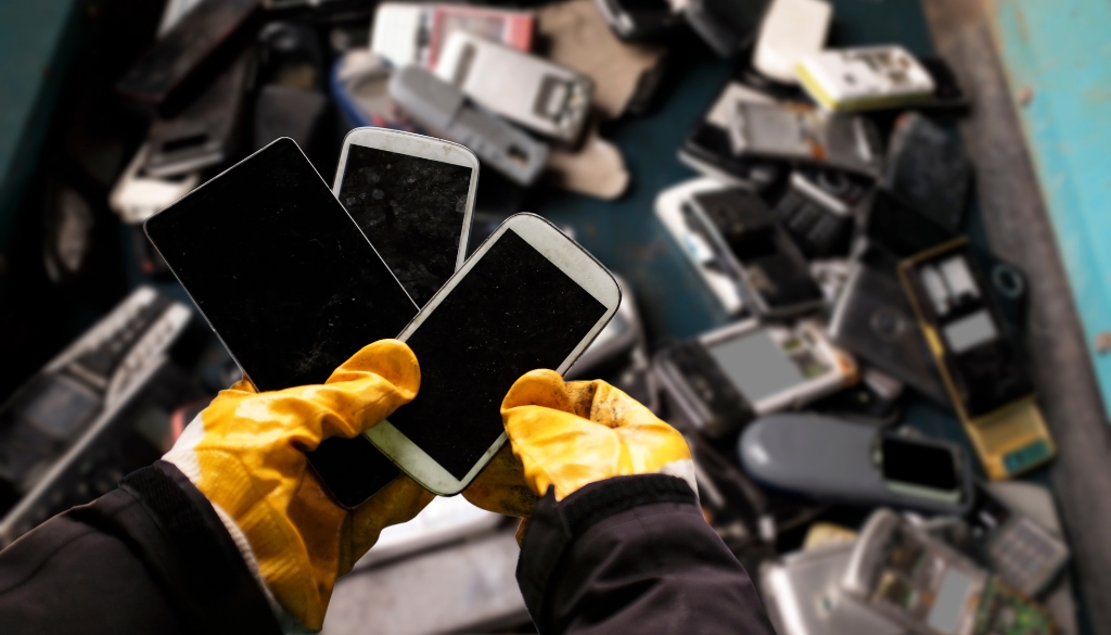 Unwanted IT Assets including mobile and landline phones being sorted by an electronics recycling professional.