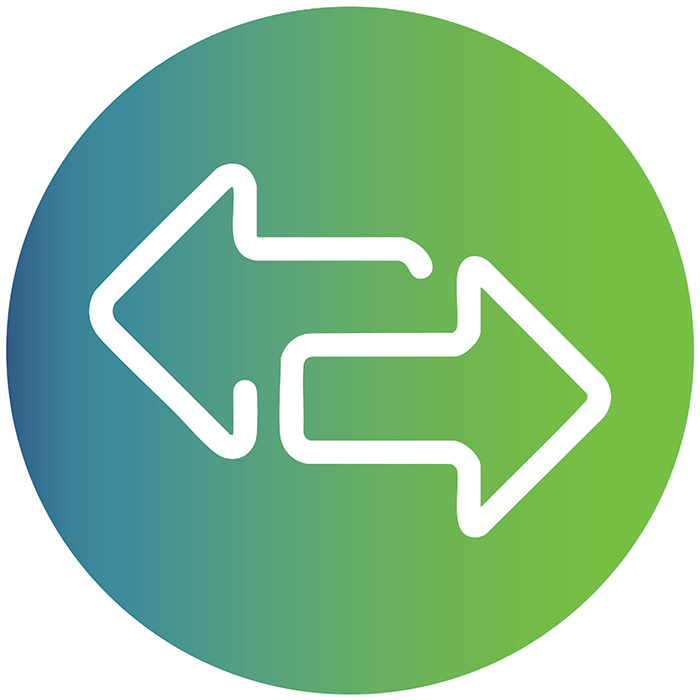 Two arrows pointing to the left and right in a green gradient circle to symbolize Dynamic's core value "Do the Right Thing."