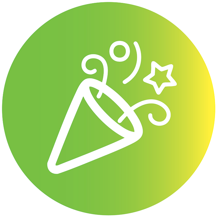 Party icon with confetti in a green gradient circle to symbolize Dynamic's core value "Have Fun."