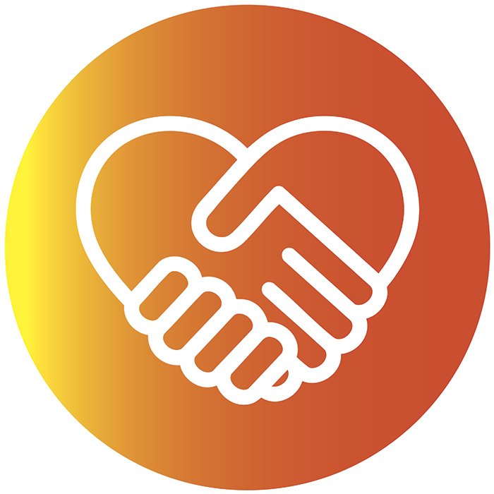 Two hands in the shape of a heart icon in an orange gradient circle to symbolize Dynamic's core value "Serve With Love."