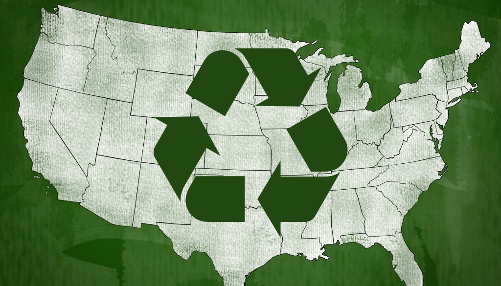 USA Map with a recycling symbol depicting State-legislated recycling programs.