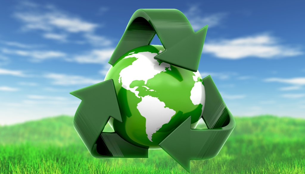 World globe with a green recycling symbol surrounding it.