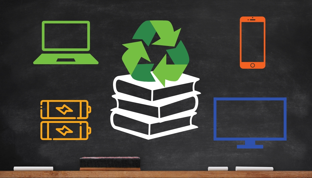 Chalkboard illustration featuring e-recycling education with icons of a laptop, cellphone, batteries, and monitor/TV.