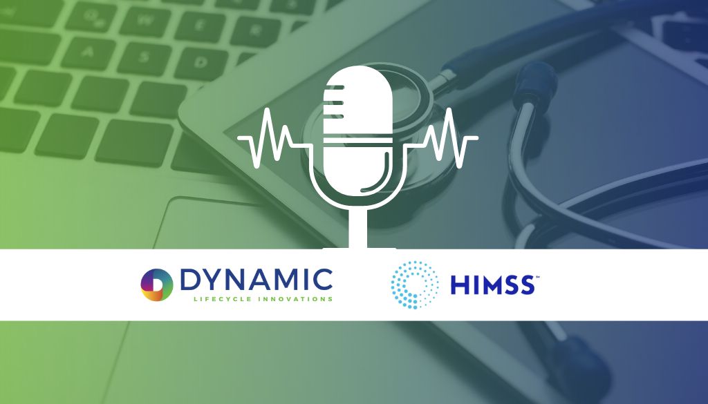 Dynamic and HIMSS logos over a green and blue background of a laptop, iPad, and stethoscope.